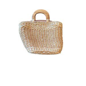 Etienne Aigner Womens Woven Straw Handbag Wooden Handles Lined Fabric Interior